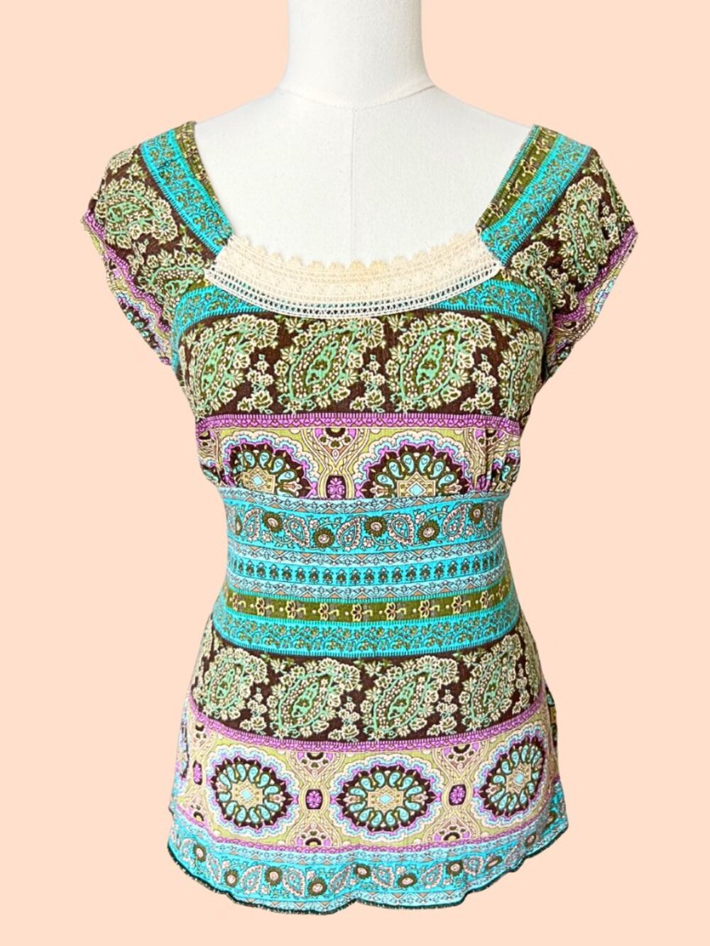 Kristin Nicole Boho Paisley Lace Trim Top